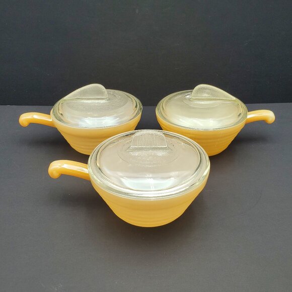 Fire King Copper Tint Individual Casseroles Peach Luster Handled Soup Bowls